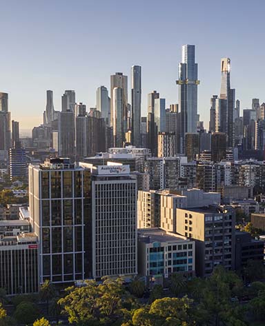 One Fell Swoop - aerial view of The Grace and Melbourne skyline