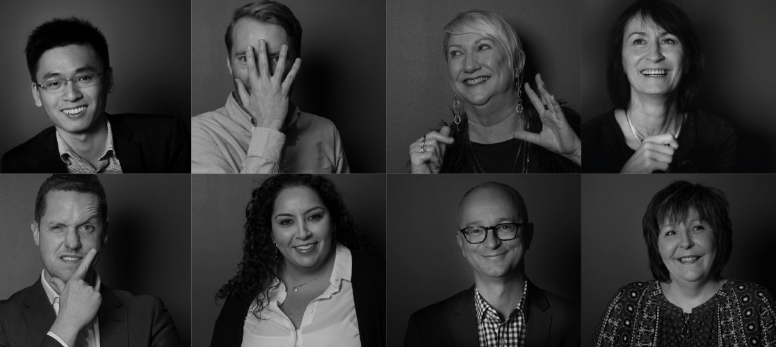 One Fell Swoop - black and white headshots of eight staff members