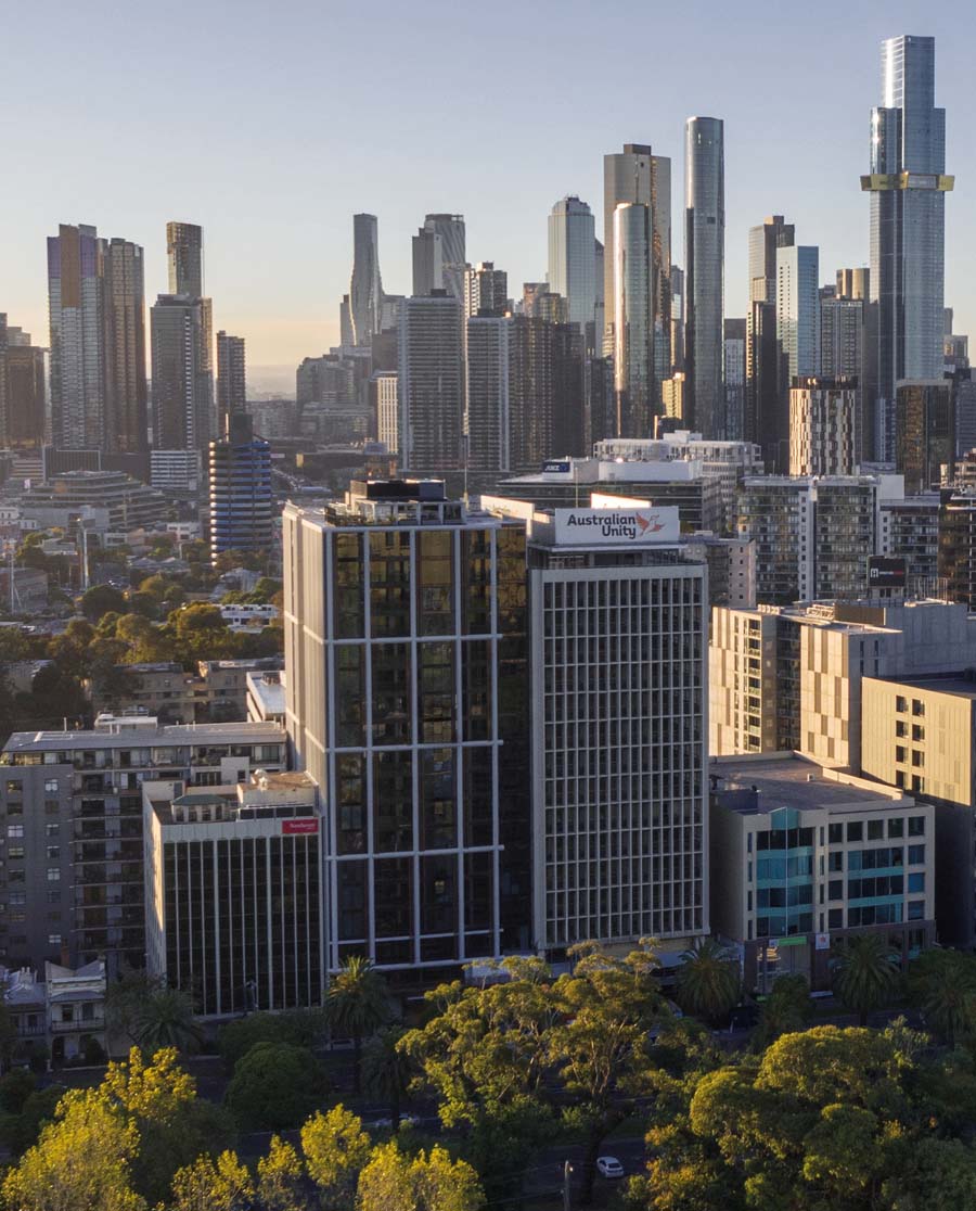One Fell Swoop - aerial view of The Grace and Melbourne skyline