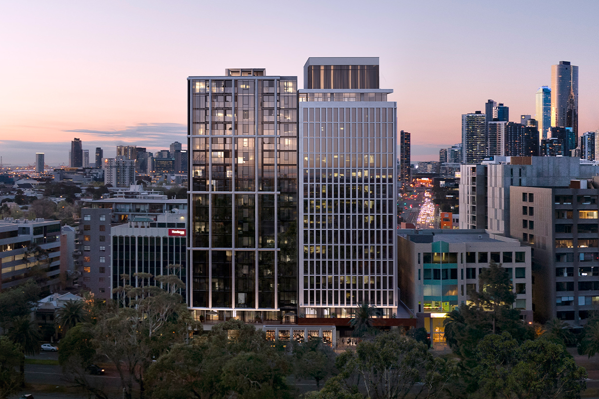 One Fell Swoop - aerial shot of The Grace, Albert Park, at sunset