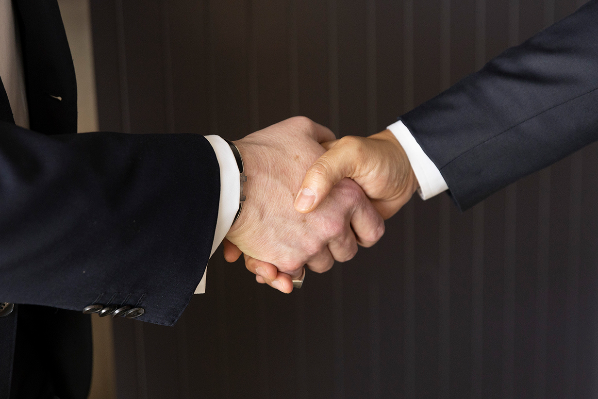 One Fell Swoop - closeup of two men shaking hands